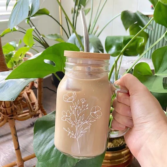 Floral Mason Jar Iced Coffee Cup  Glass Coffee Cup  Iced | Etsy | Etsy (US)