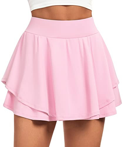 IUGA Tennis Skirt Pleated Skorts for Woman Double Ruffle Golf Skirts for Women Skort with Pockets Tummy Control Athletic Pink | Amazon (US)