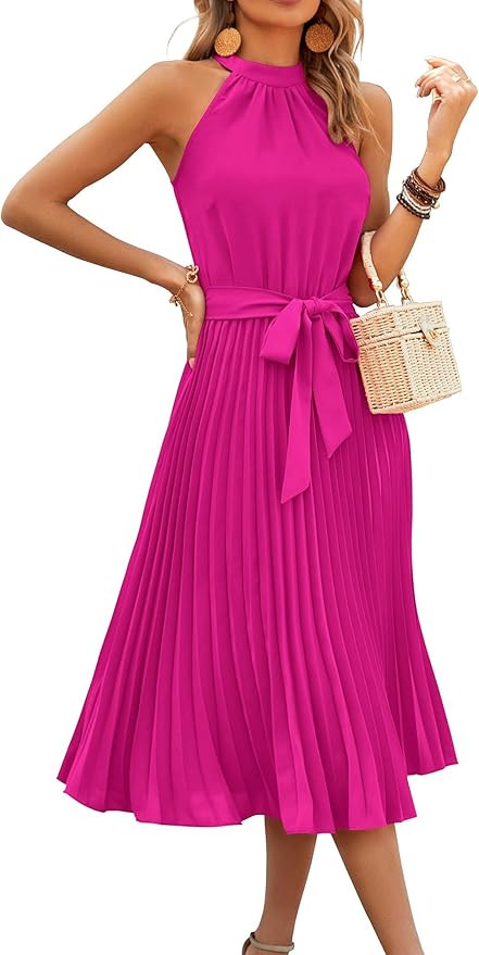 KIRUNDO Women's 2026 Summer Sleeveless Halter Neck Pleated Midi Cocktail Dresses A Line Flowy Bea... | Amazon (US)