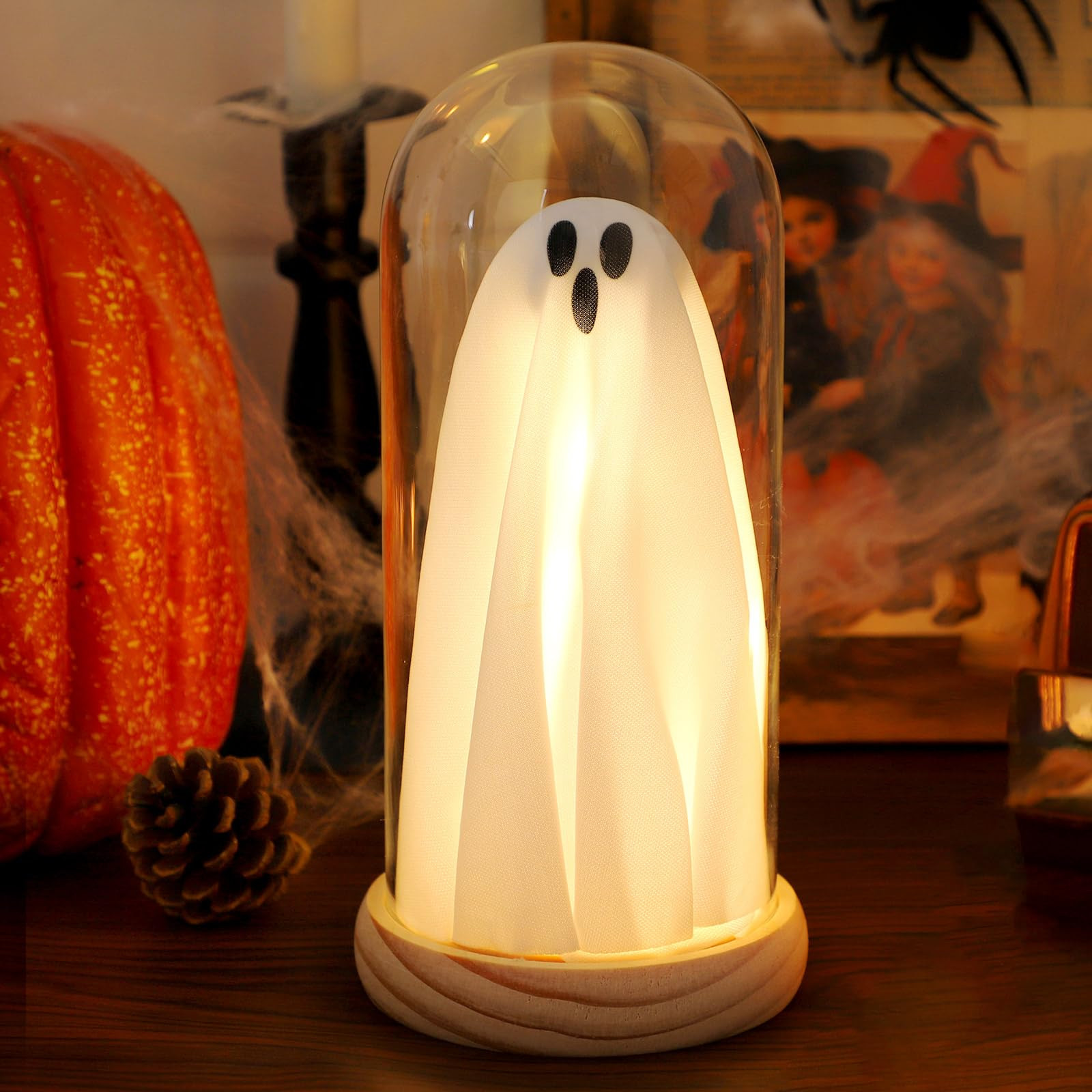 Halloween Ghost Decor Light – Light Up Ghost in Glass Cloche with Wood Base, Cute Indoor Hallow... | Amazon (US)