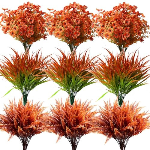 18PCS Autumn Outdoor Artificial Fall Mums Flowers Plants Decorations, Look Real Fake Fall Flowers Grass Ferns Arrangements, UV Resistant Outside Faux Fall Greenery for Pot Garden Window Box Patio Home | Amazon (US)