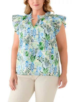 Crown & Ivy Women's Plus Size Split Neck Ruffle Sleeve Printed Top, Green Blue, 4X | Belk