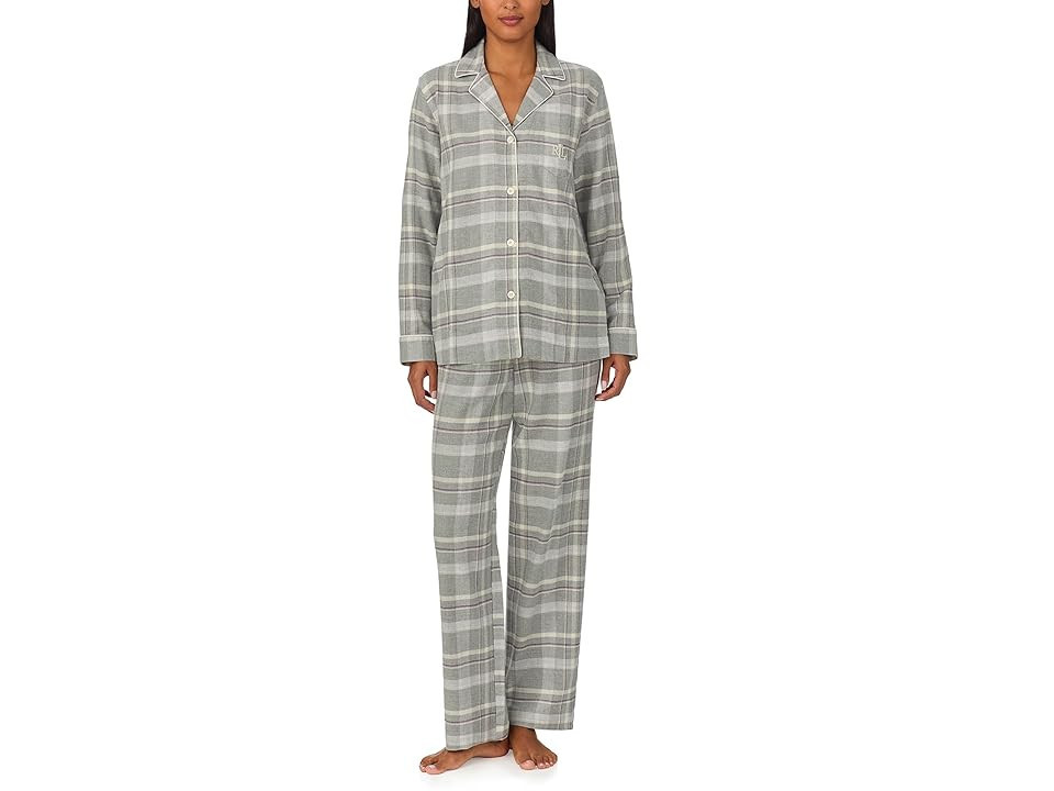 Lauren Ralph Lauren Lauren Ralph Lauren Long Sleeve Brushed Twill Notch Collar Pajama Set Women's Pajama Sets Grey Heather : SM (US 4-6) | Zappos