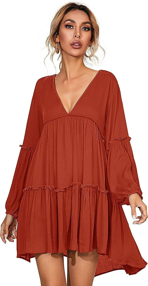 Women's Long Sleeve Cotton Ruffles Deep V Neck Casual Long Sleeve Mini Dress | Amazon (US)