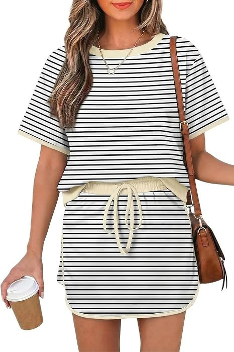 Opemiby Womens 2 Piece Skort Set 2026 Color Block Short Sleeve Top Drawstring Skort Matching Sets... | Amazon (US)