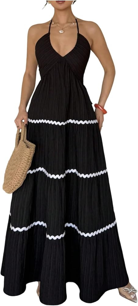 SHENHE Women's Summer Halter V Neck Maxi Dress Backless Flowy Swing Beach Vacation Long Sundress | Amazon (US)