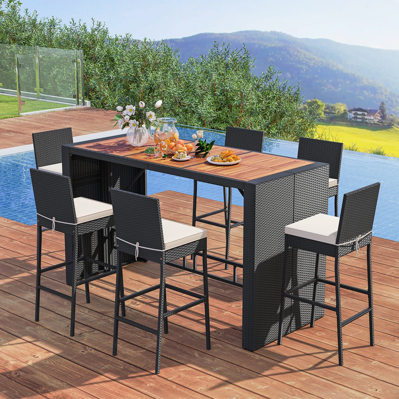 Hokku Designs 7-piece Patio Bar Dining Set Pe Rattan Furniture Set With Acacia Wood Tabletop & Soft Cushions & Reviews | Wayfair | Wayfair North America