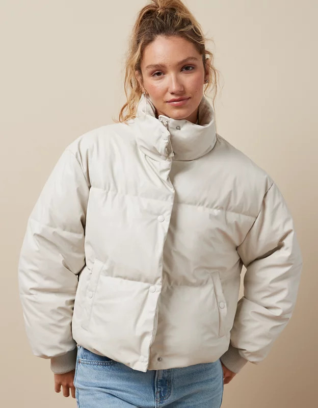 AE Vegan Leather Chill Puffer Jacket | American Eagle Outfitters (US & CA)