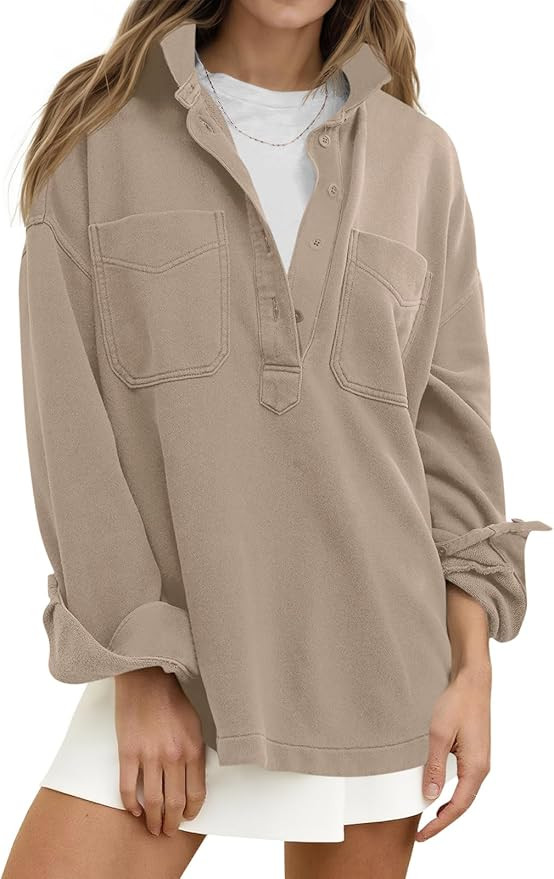 Fisoew Womens Oversized Sweatshirt Casual Long Sleeve Henley V Neck Pullover Tops Fall Outfits Cl... | Amazon (US)