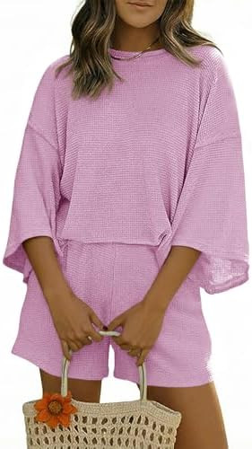 Tankaneo Womens Short Sets 2 Piece Outfits 3/4 Sleeve Tops and Elastic Waist Shorts Lounge Set Ca... | Amazon (US)