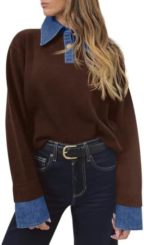 Saodimallsu Womens Denim Patchwork Sweaters V Neck Polo Pullover Tops | Button Up,Long Sleeve,Fak... | Amazon (US)