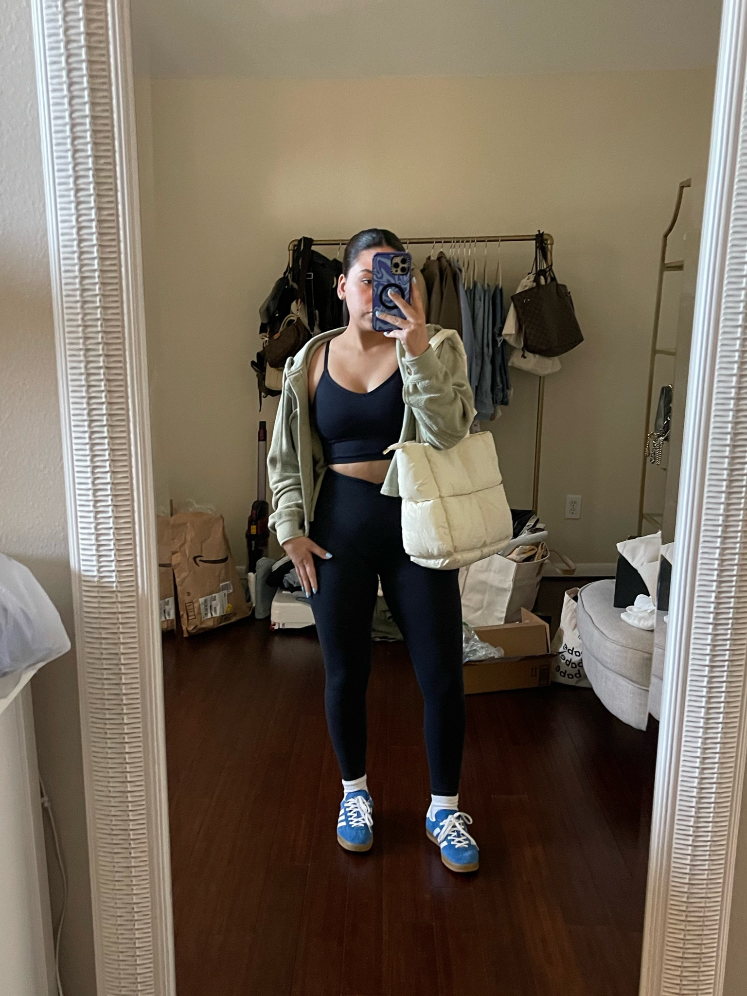 Hot yoga workout outfit idea 
Sports bra: small
Leggings: small
Adidas gazelle sneakers: 4.5 men 
White ankle socks 
Puffer tote bag 

#LTKActive #LTKSeasonal #LTKfindsunder100