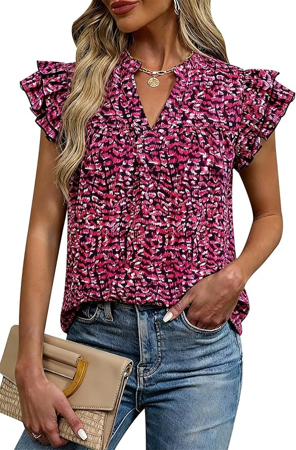 CFLONGE Womens Blouses Dressy Casual V Neck Floral Short Sleeve Tops Boho Chiffon Ruffle Loose Bu... | Amazon (US)