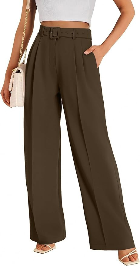FUNYYZO Women Dress Office Pant High Waist Wide Leg Slacks Business Work Casual Long Belted Trous... | Amazon (US)