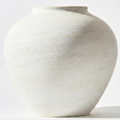 Large White Vase for Centerpieces - 11" Wide Textured Stone Look Metal Flower Vase for Table Decor - Rustic Farmhouse Vases for Living Room Dining Room Home Decor | Amazon (US)