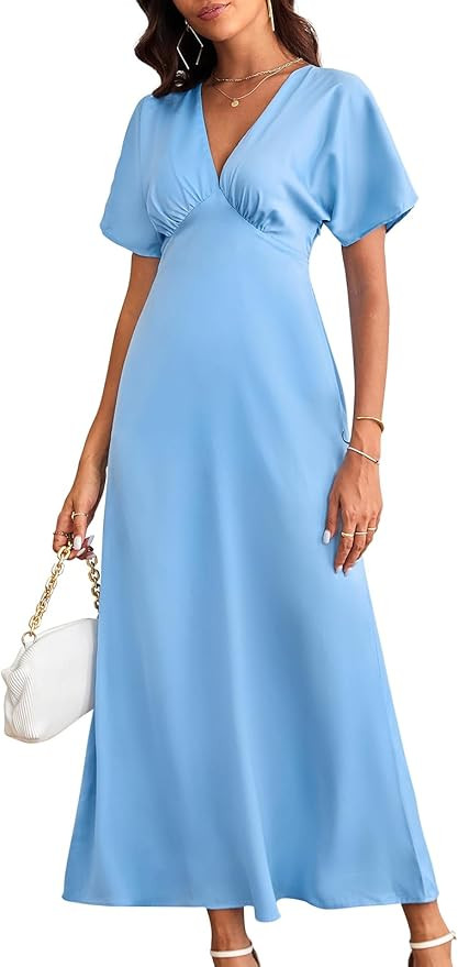 Women's 2025 Satin Dress Elegant Deep V Neck Flutter Sleeve A-Line Gown Cocktail Party Maxi Dress... | Amazon (US)