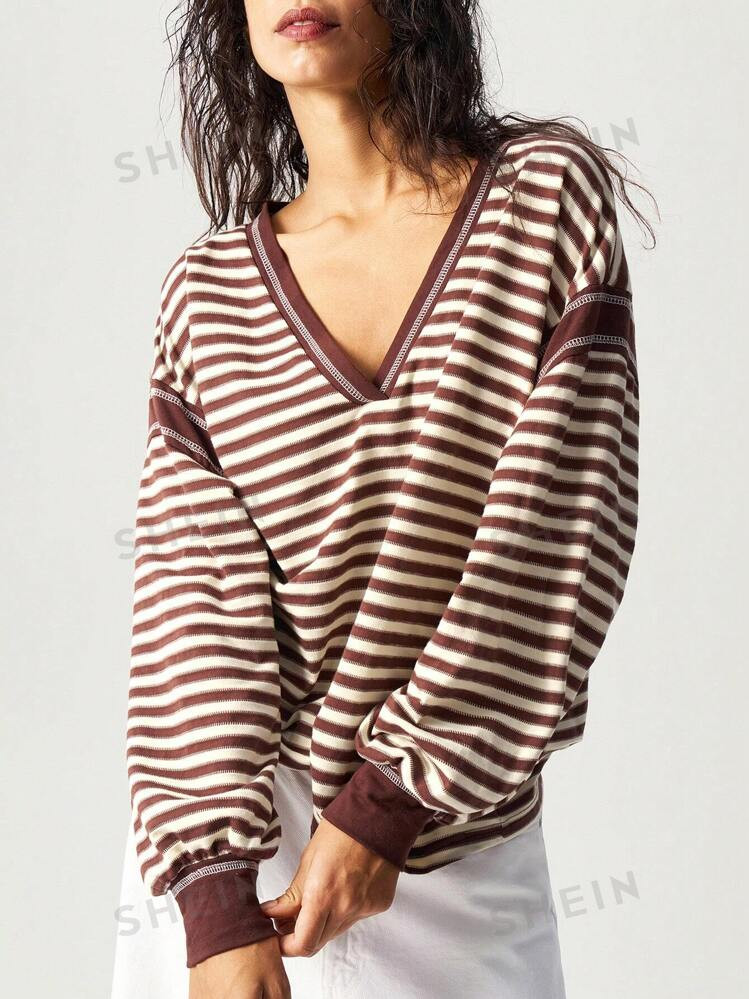 Bohemela Casual Striped Knit Crew Neck Long Sleeve Loose T-Shirt For Women | SHEIN