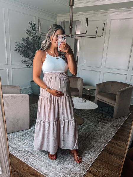 Amazon maxi skirt bumpfriendly cute summer outfit! I love the cropped rib
Tank with removable padding! 

I sized up one for my bump at 31 weeks pregnant 

#maternity #bumpstyle 

#LTKFindsUnder50 #LTKBump #LTKStyleTip