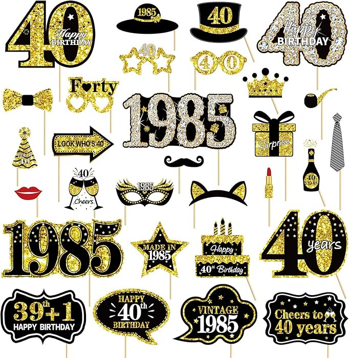 30Pcs 40th Birthday Decoration Photo Booth Props for Men Women, Funny Black Gold Vintage 1985 40t... | Amazon (US)