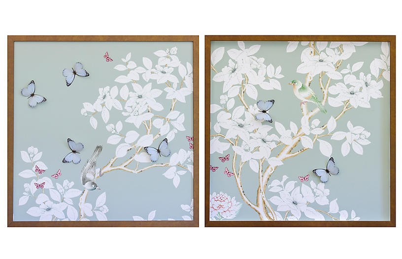 Dawn Wolfe, Pale Gray/Green Chinoiserie Diptych | One Kings Lane