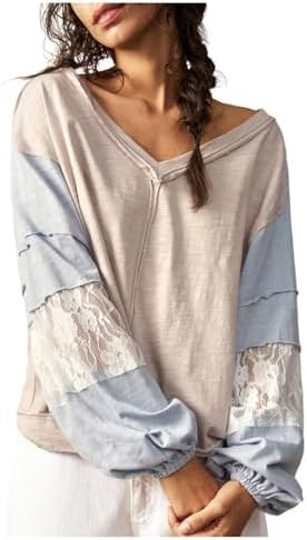 Women's Oversized Tshirts Lace Patchwork Color Block T Shirt Bishop Sleeve V Neck Tee Top | Amazon (US)