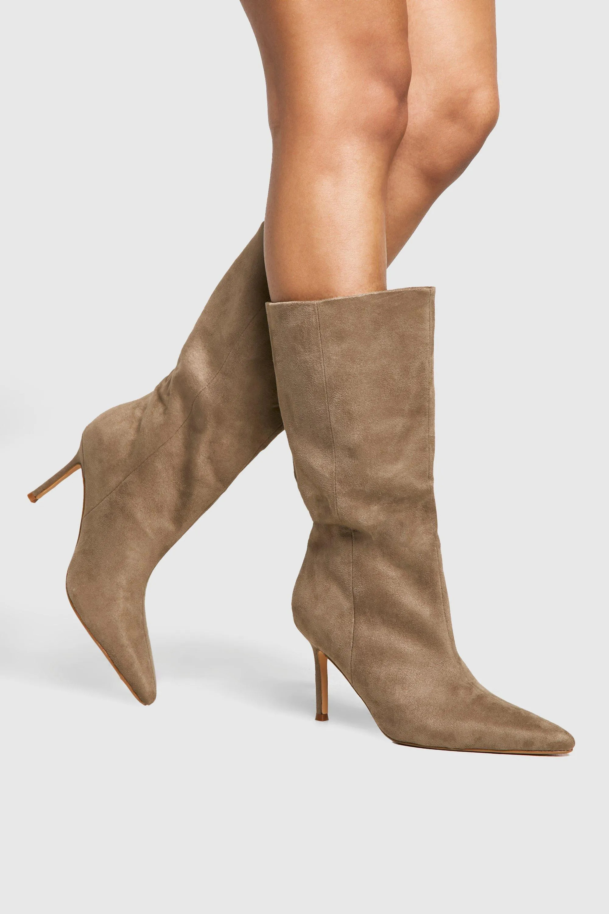 Boots | Wide Fit Faux Suede Stiletto Calf High Boots | boohoo | Debenhams UK
