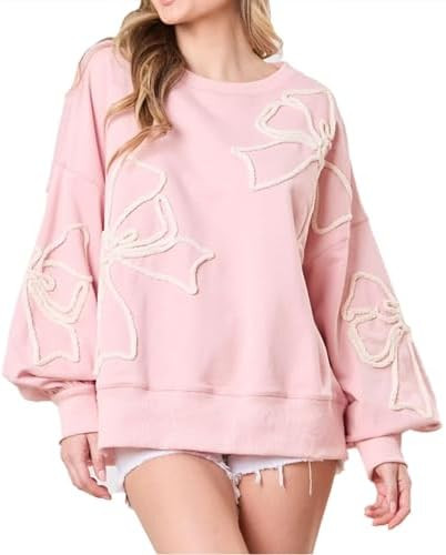 Women's Cute Bow Sweatshirt Casual Lantern Long Sleeve Crew Neck Sweatshirts Fall Loose Fit Y2k P... | Amazon (US)