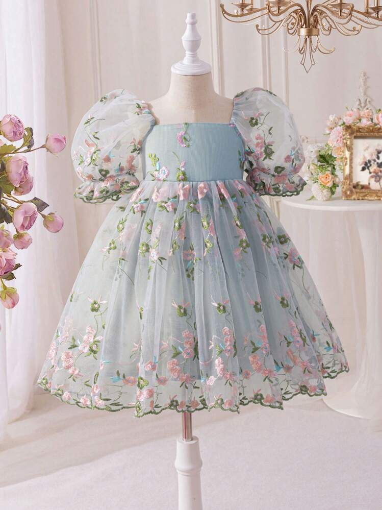 Young Girl Woven Mesh Embroidered Square Collar Fitted Dress | SHEIN