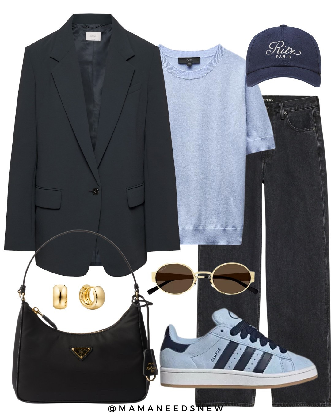 A spring outfit with a blazer, jeans, knit tshirt, sneakers, cap & shoulder bag 🩵

#LTKStyleTip #LTKSaleAlert #LTKShoeCrush