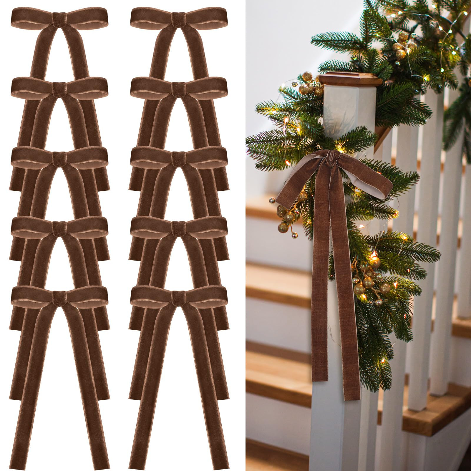 24 Pcs Velvet Bows Christmas Tree Ornaments Vintage Velvet Ribbon Bows for Tree Garland Wreath Indoor Xmas Decorations(9 x 13 Inch, Width of 1",Brown) | Amazon (US)
