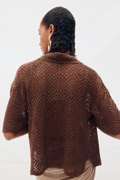 Pointelle-knit cardigan - Short sleeve - Regular length - Brown - Ladies | H&M GB | H&M (UK, MY, IN, SG, PH, TW, HK)
