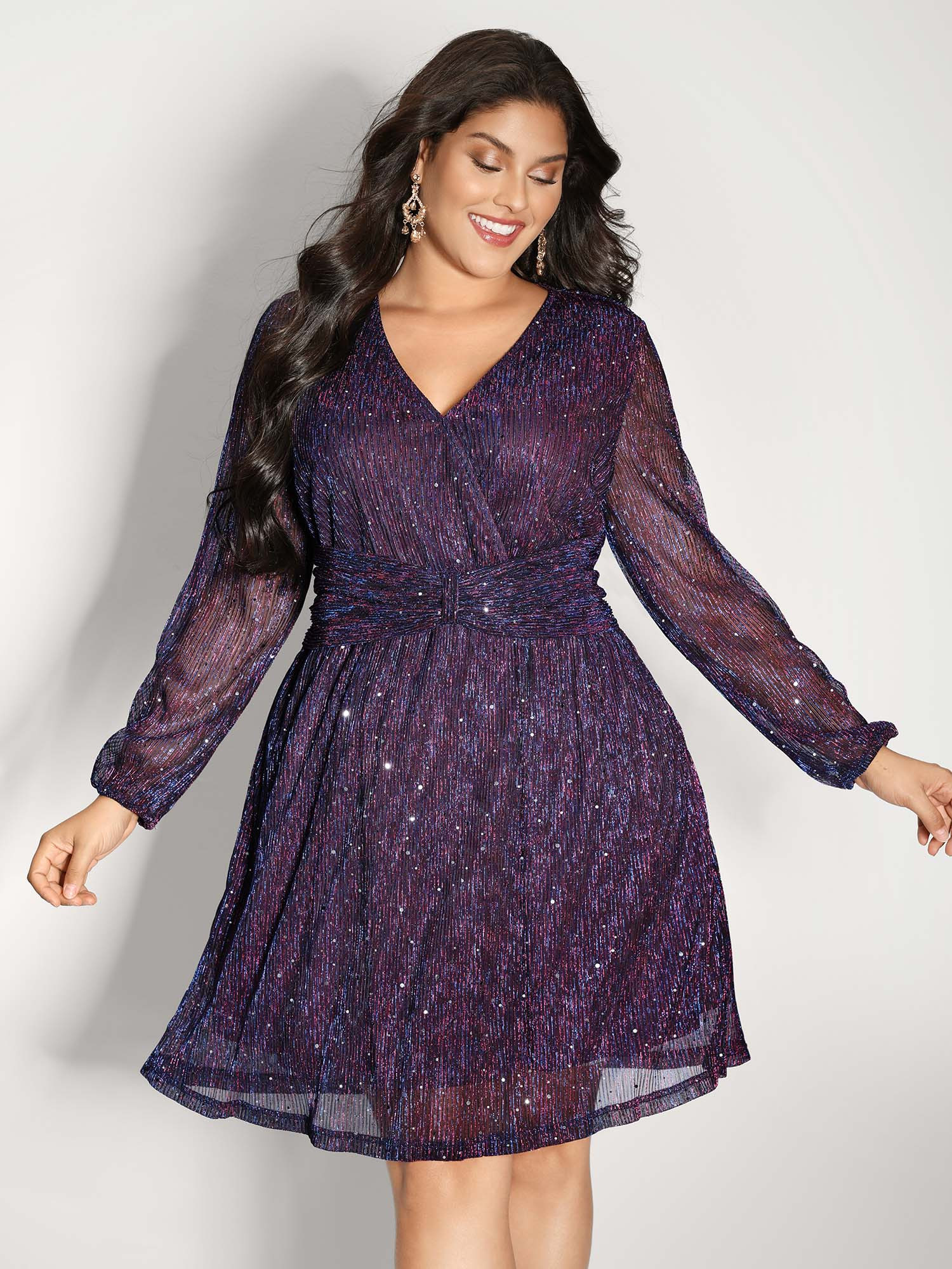 Shimmery Pleated-Waist Pockets Knee-Length Dress | Bloomchic