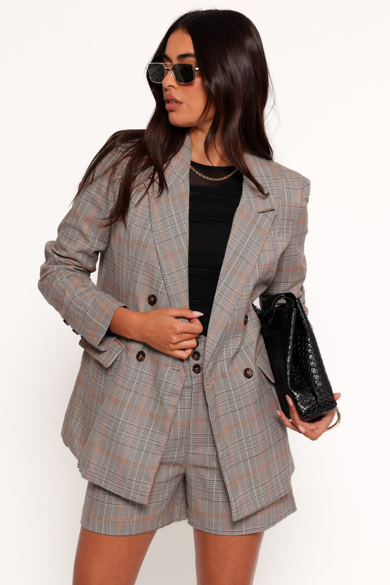 Lesia Double Button Fitted Plaid Blazer - Taupe Multi | Petal & Pup (US)