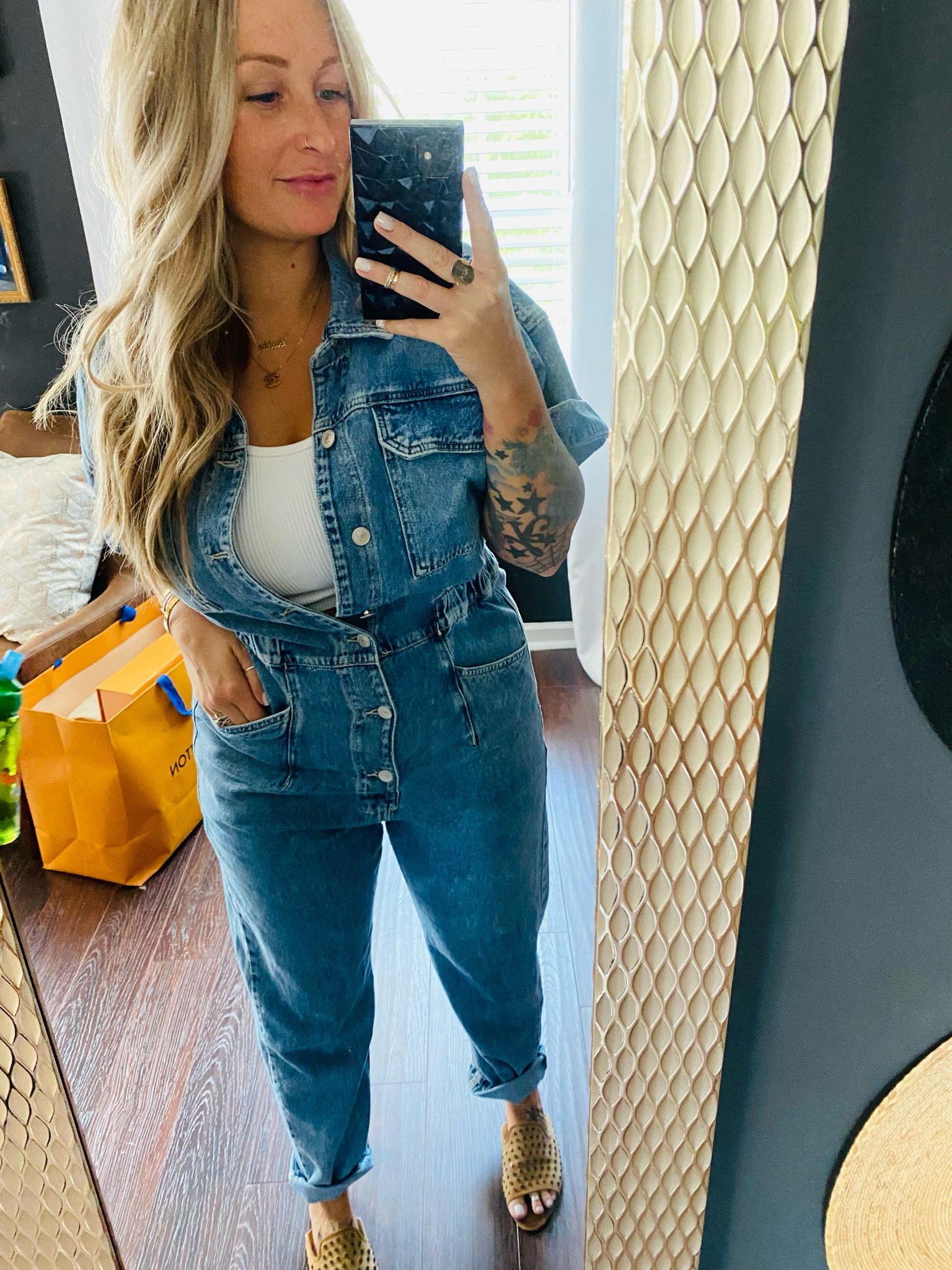 Denim jumpsuit on sale! I’m in a size large and M/L in the brami my shoes are sold out 

#LTKSaleAlert #LTKxNSale #LTKMidsize