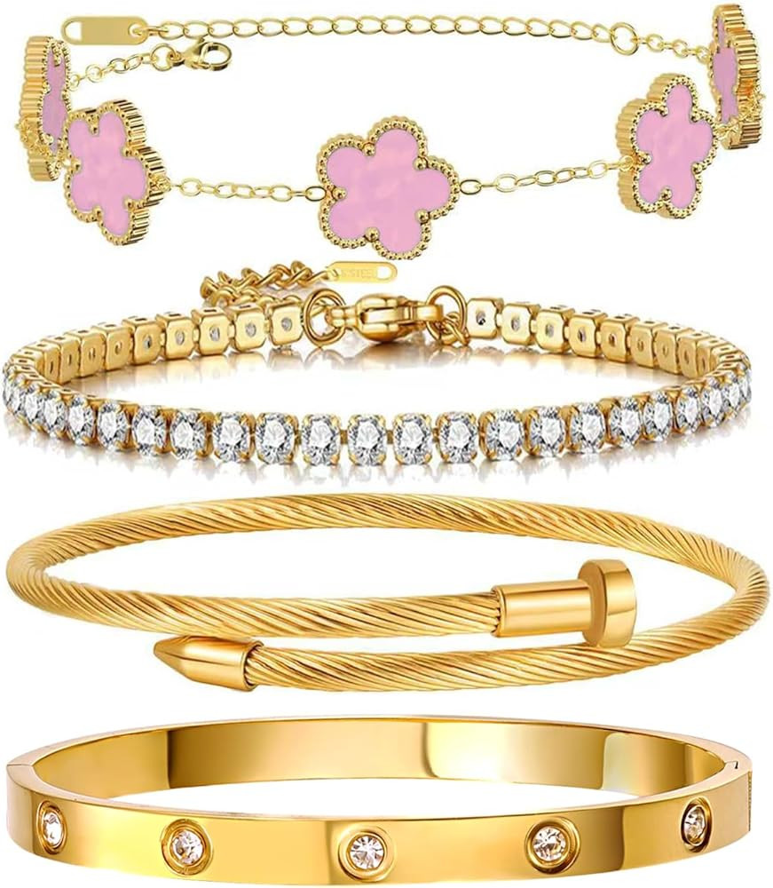 Gold Bracelets for Women, 18K Gold Plated Women Tennis Bracelets Clover Nail Love Bangle Bracelet... | Amazon (US)