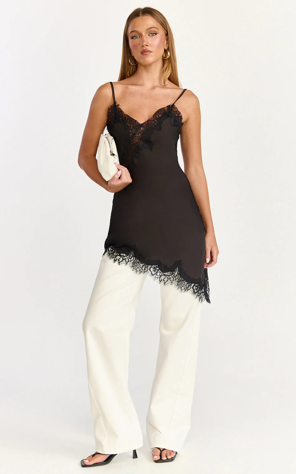 Lace Trim Asymmetrical Camisole Dress in Black | Showpo (US, UK & Europe)