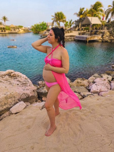 Babymoon outfit, bump friendly, maternity, hot pink swim coverup top, pink bikini, swimsuit 

#LTKSeasonal #LTKswim #LTKbump