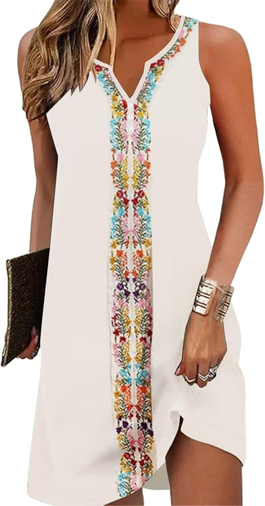 Womens Summer Dress 2024 Casual Button Down V Neck Sleeveless Fashion Boho Floral Beach Dress Sun... | Amazon (US)