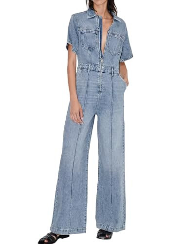 cffvdiz Denim Jumpsuit for Women Sexy Short Sleeve Slim Zipper Long Rompers Jean Jumpsuit,Blue,XS | Amazon (US)