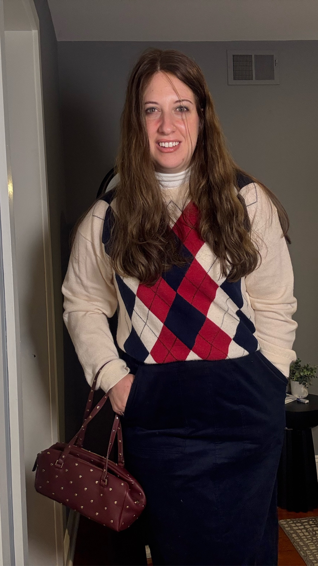 Absolutely love this look. Argyle is very the moment as is this classy corduroy skirt from Talbots. How amazing is the Delphine bag from Jcrew it’s a favorite. 

#LTKMidsize #LTKStyleTip #LTKWorkwear