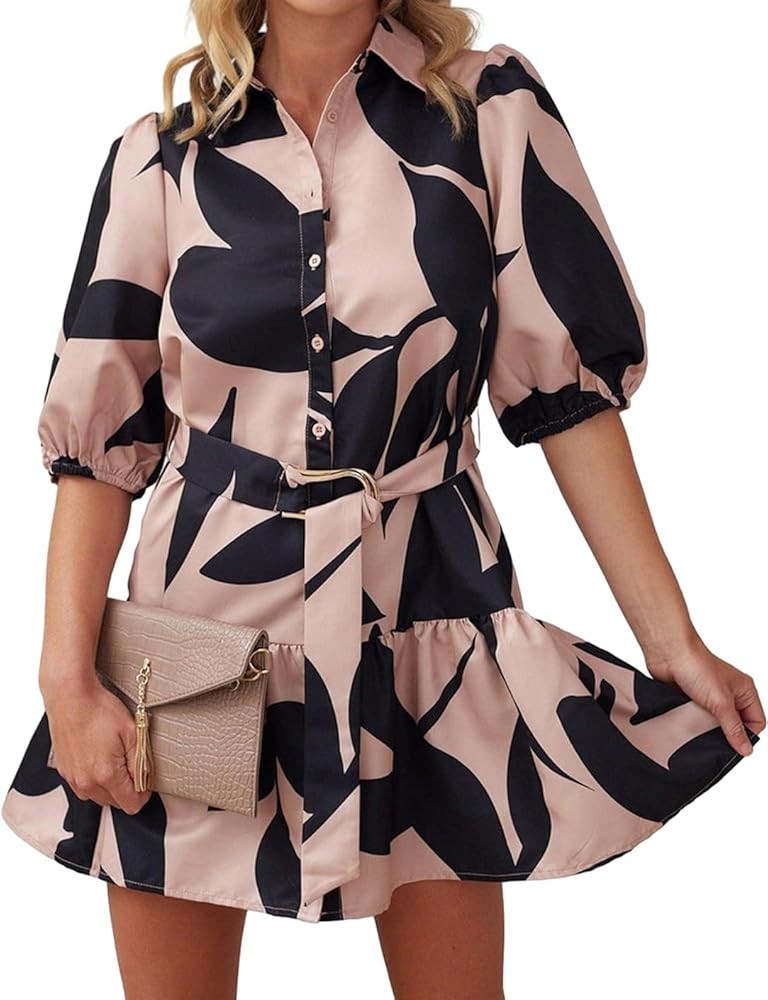 futurino Women Single Breasted A-line Dress, Floral Printed Boho Style Lantern Short Sleeve with ... | Amazon (US)