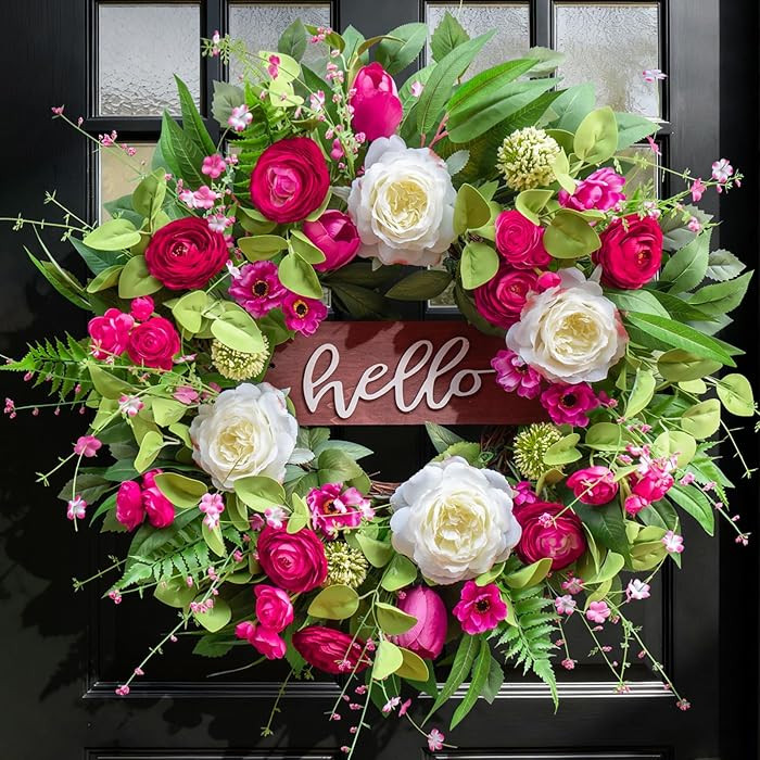 Spring Wreaths for Front Door Outside– 24 Inch Spring Summer Wreath with Vibrant Pink Peony,Tul... | Amazon (US)