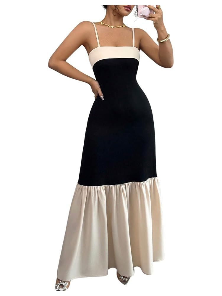 SOLY HUX Women's Color Block Ruffle Hem Maxi Dress Spaghetti Strap Elegant Long Cami Dresses | Amazon (US)