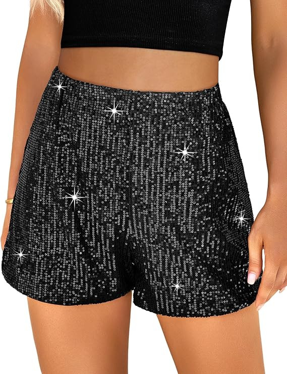 luvamia Sequin Shorts for Women Trendy High Waisted Stretchy Pull On Glitter Sparkly Shorts Holid... | Amazon (US)