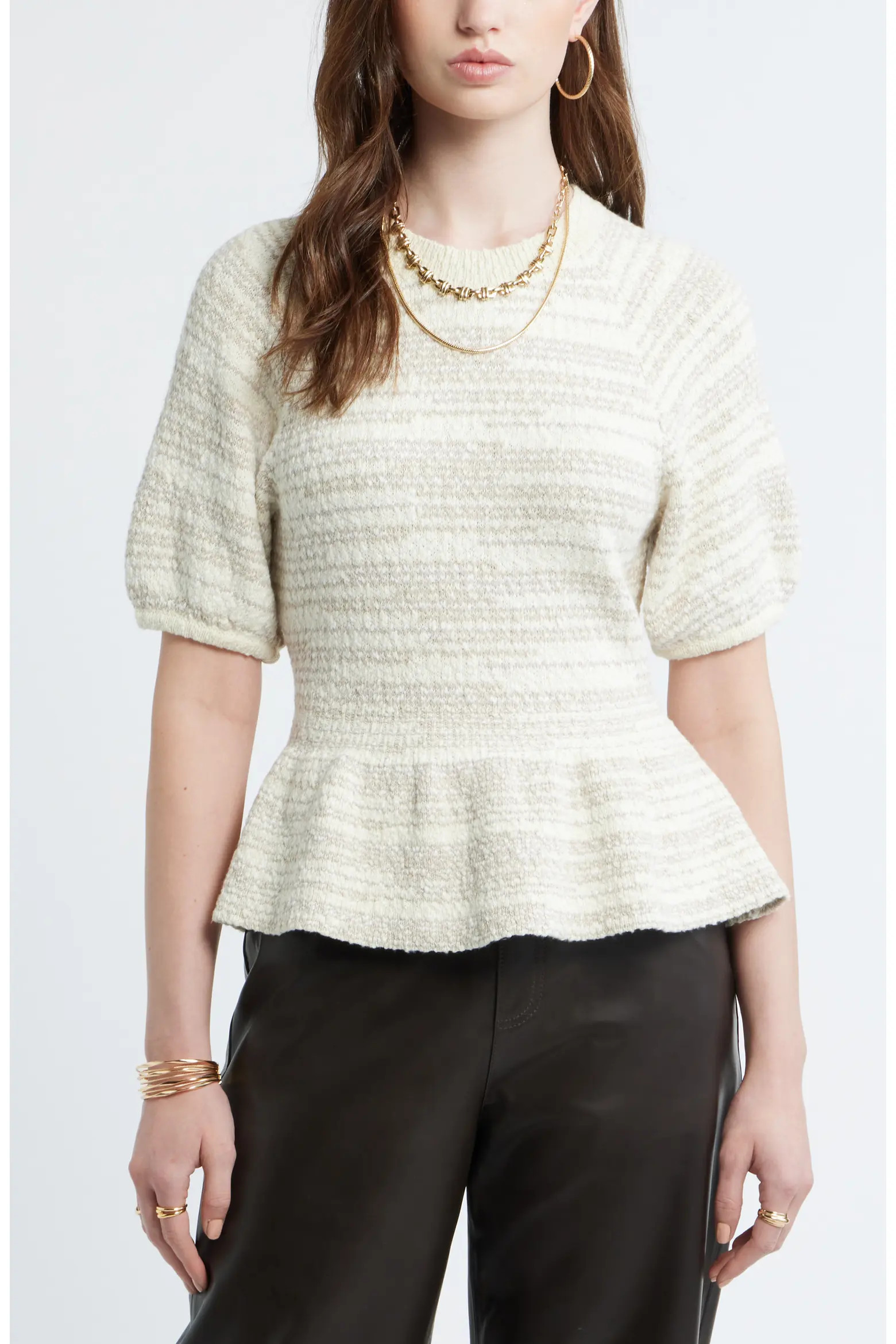 Treasure & Bond Space Dye Puff Sleeve Cotton Peplum Sweater (Women) | Nordstrom | Nordstrom