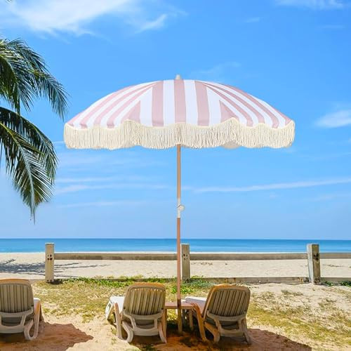 6ft Portable Beach Umbrellas For Sand Pink Striped Boho Fringe Umbrella Outdoor Patio Umbrella Tilt UV Protection Waterproof Pool Umbrella with Storage Bag Backyard Umbrellas For Patios Outside | Amazon (US)