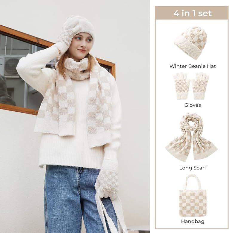 4PCS Womens Winter Warm Fleece Checkered Knit Beanie Hat Scarf Gloves Handbag Set. | Amazon (US)