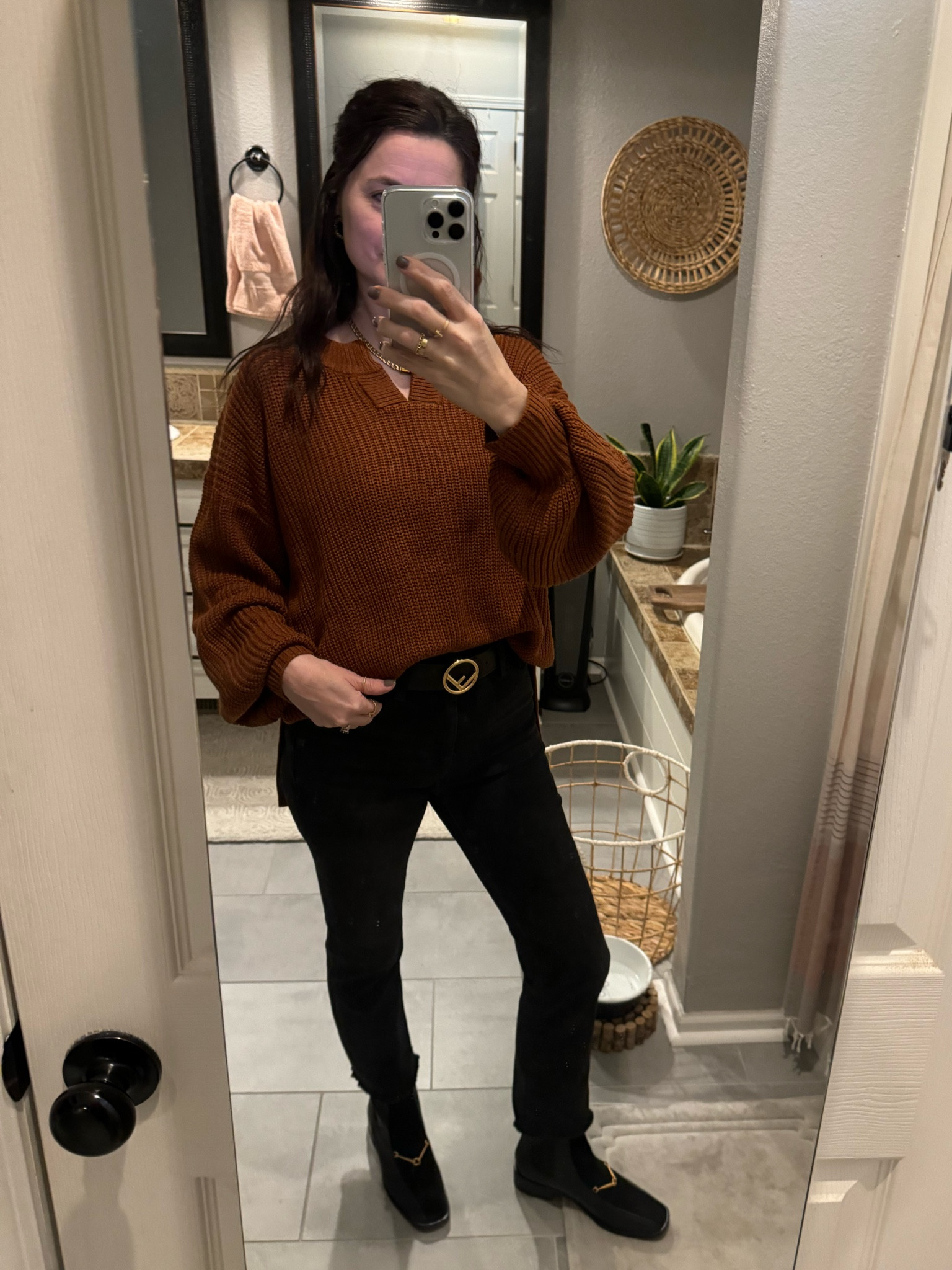 The perfect color combo for fall!  Sweater is super comfortable and a bit oversized. 

Jeans run TTS.  Boots are no longer available but I found a pair that would look great with this!

#LTKstyletip #LTKSeasonal #LTKover40