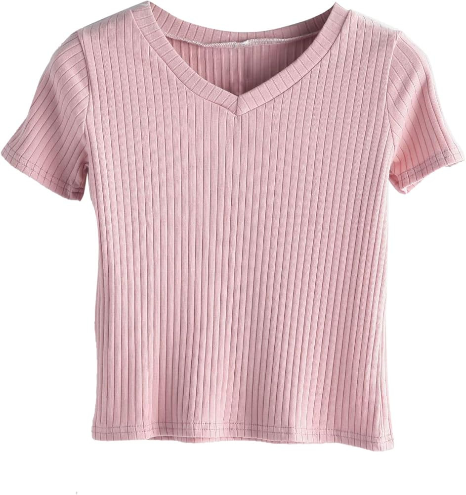 SweatyRocks Women's Basic Short Sleeve V Neck Ribbed Knit Crop Top Tee Shirt | Amazon (US)