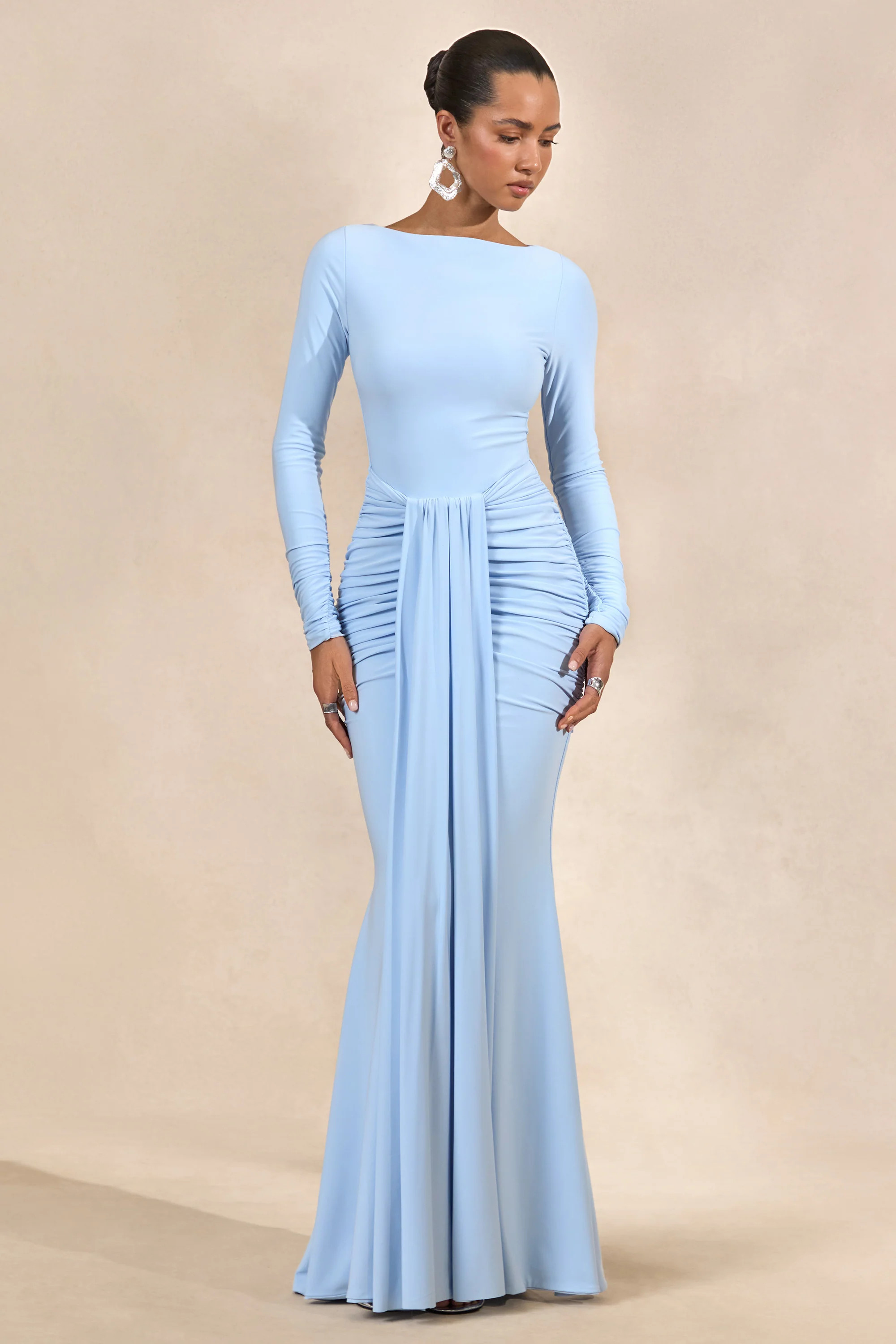 Liatris | Light Blue Wide-Neck Maxi-Dress With Gathered-Detailing | Club L London